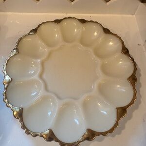 Vintage Anchor Hocking Milk Glass Deviled Egg Plate w/Gold Trim/Edging